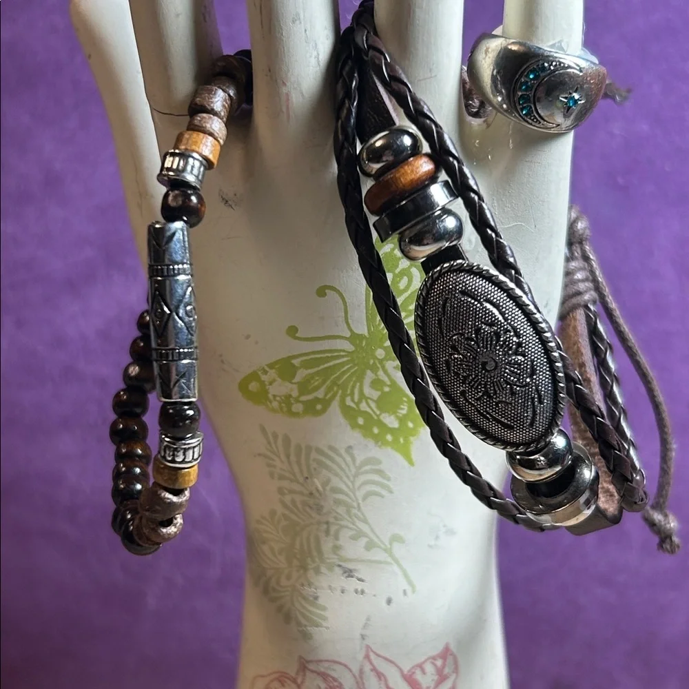 Chic Beaded & Braided Leather Bracelet with Beads & Flower Pendant Bundle (H)